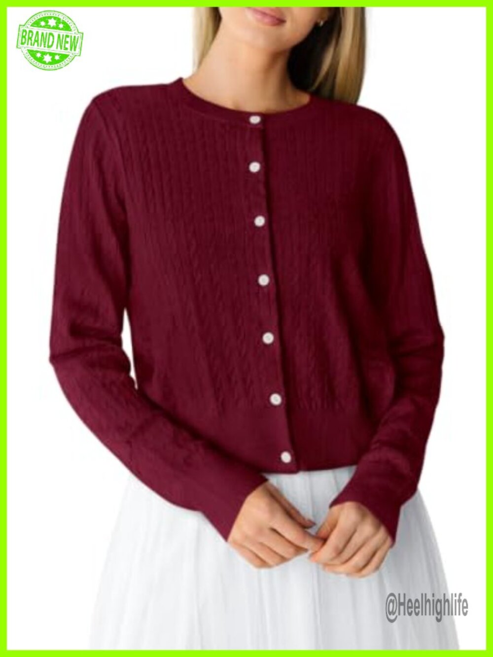 Women's Lightweight Cable Knit Button Up Cardigan Sweater Crew Neck